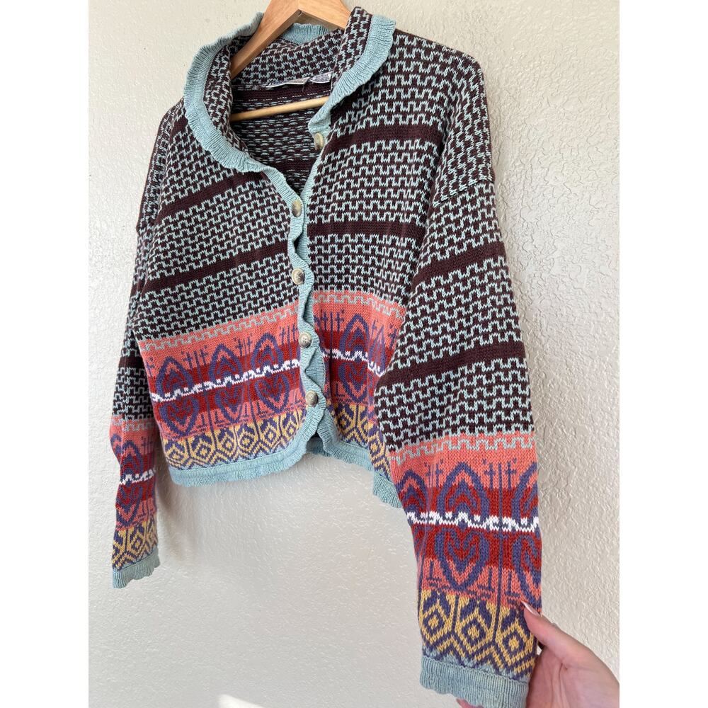 Vintage Boho Knit Cardigan Sweater Eclectic Large Colorful Teal Brown - Picture 4 of 8